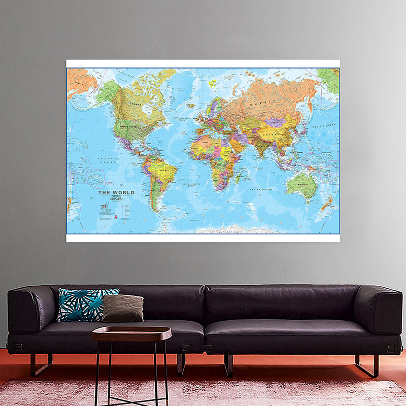 150*100cm polityczna mapa świata szczegółowy plakat na ścianę jasne płótno z nadrukiem obrazy klasie Home Decor szkolne