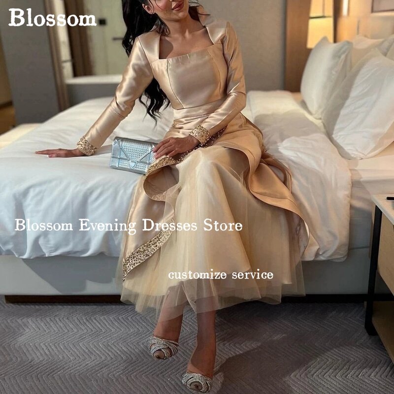 Gaun malam sampanye manik-manik mutiara Vintage kerah persegi gaun pesta gaun Prom elegan Arab A-Line ررsential memancing