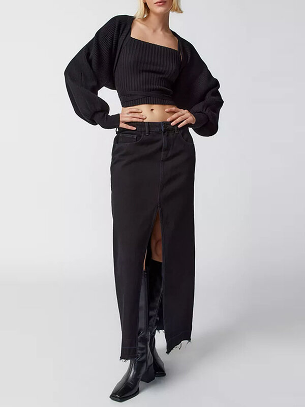 Wanita bahu depan terbuka Bolero-Up lengan panjang pullover Crop warna Solid kardigan rajutan Sweater mantel pakaian luar