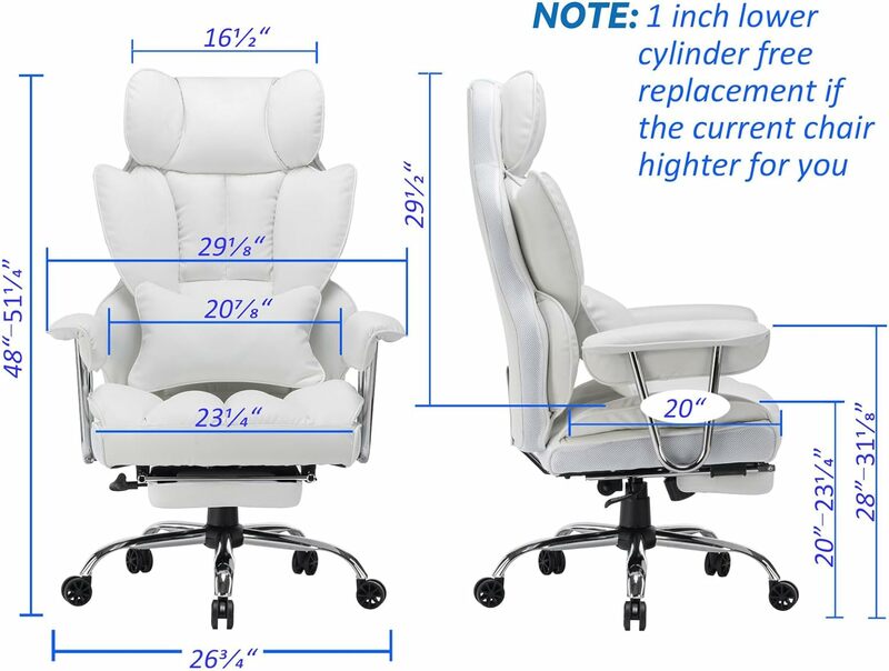 Krzesło biurowe 400 funtów, duże i wysokie krzesło biurowe, krzesło do pracy na komputerze ze skóry PU, podnóżek i pas wspierający, białe krzesło biurowe