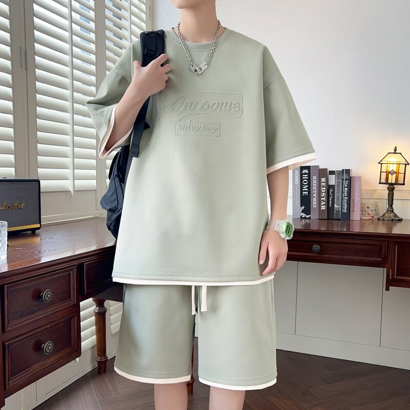 ชุดวอร์มลำลองสำหรับผู้ชายชุด2ชิ้นสำหรับฤดูร้อนเสื้อยืดคอกลมพิมพ์ลายฟองเสื้อยืดกางเกงขาบานเอวยางยืด