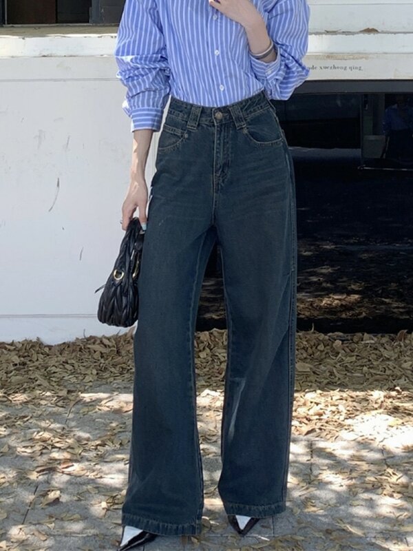 ZHISILAO Vintage dżinsy z szeroką nogawką kobiety klasyczne proste pełnej długości spodnie dżinsowe Streetwear jesień 2023