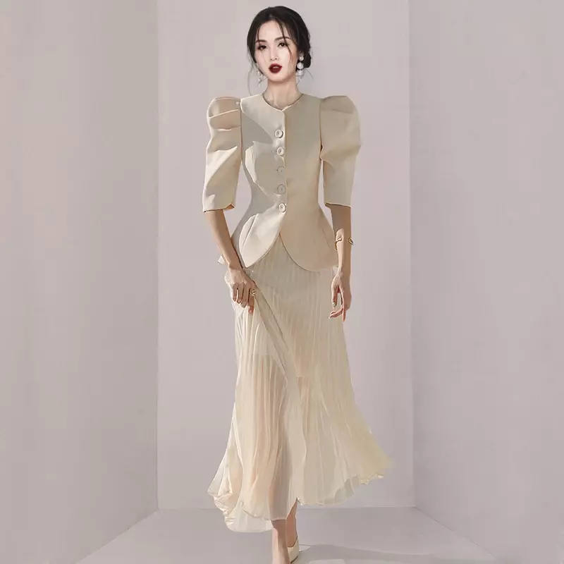 Neue Blazer Set Arbeits kleidung 2 Stück A-Linie Plissee Vestidos koreanische schlanke Vintage Kleider elegante Mode Sommer lässig Party kleid