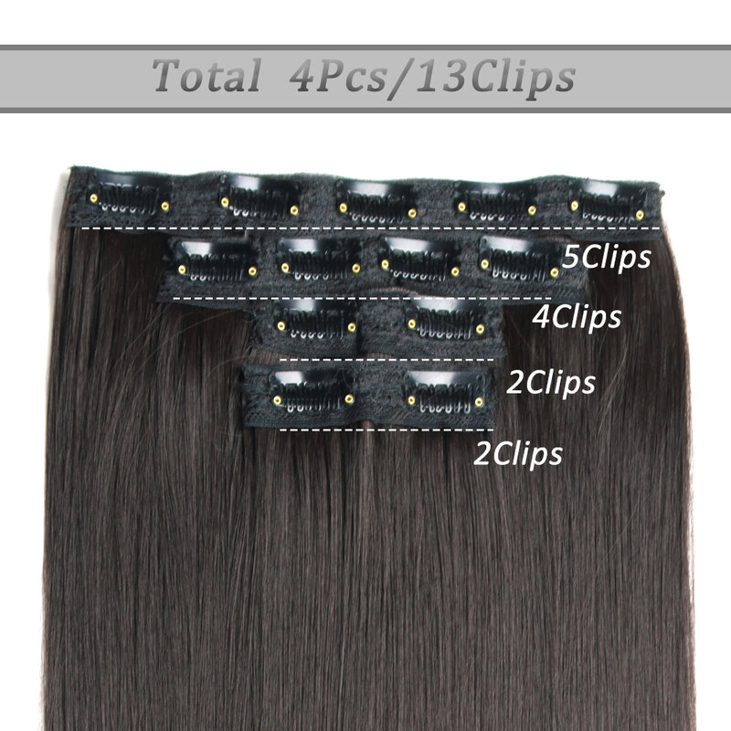 Longo reto clip-in hairpiece, extensões de cabelo sintético, preto, marrom escuro, cor mista, fibra resistente ao calor, 22 ", 4pcs, conjunto