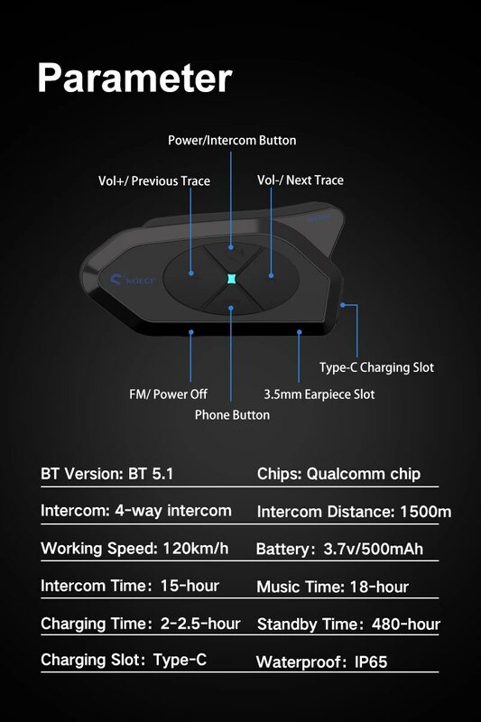 Noeci Gocom4 Motorfiets Intercom Helm Bluetooth Headset Bt5.1 Communicator Voor 4 Rijders Praten Op Hetzelfde Moment Ip65 Fm Radio