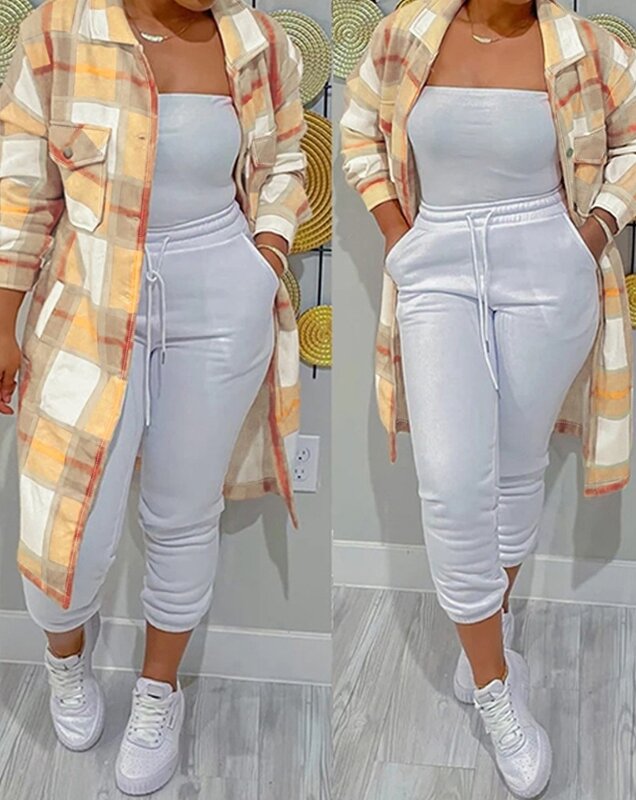여성용 긴팔 캐주얼 롱라인 재킷 코트, 체크 무늬 프린트 포켓 디자인, 턴다운 칼라, 2024 용수철 가을 패션