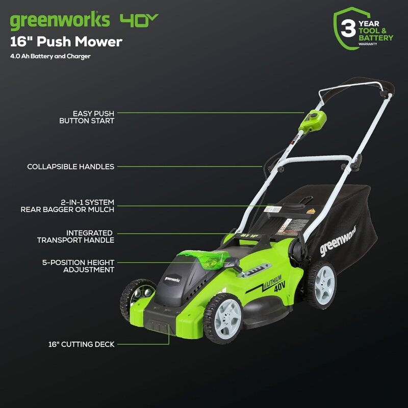 Greenworks pemotong rumput 40V 16 "nirkabel, termasuk baterai 4.0Ah dan pengisi daya (Dorong), 40V 16"