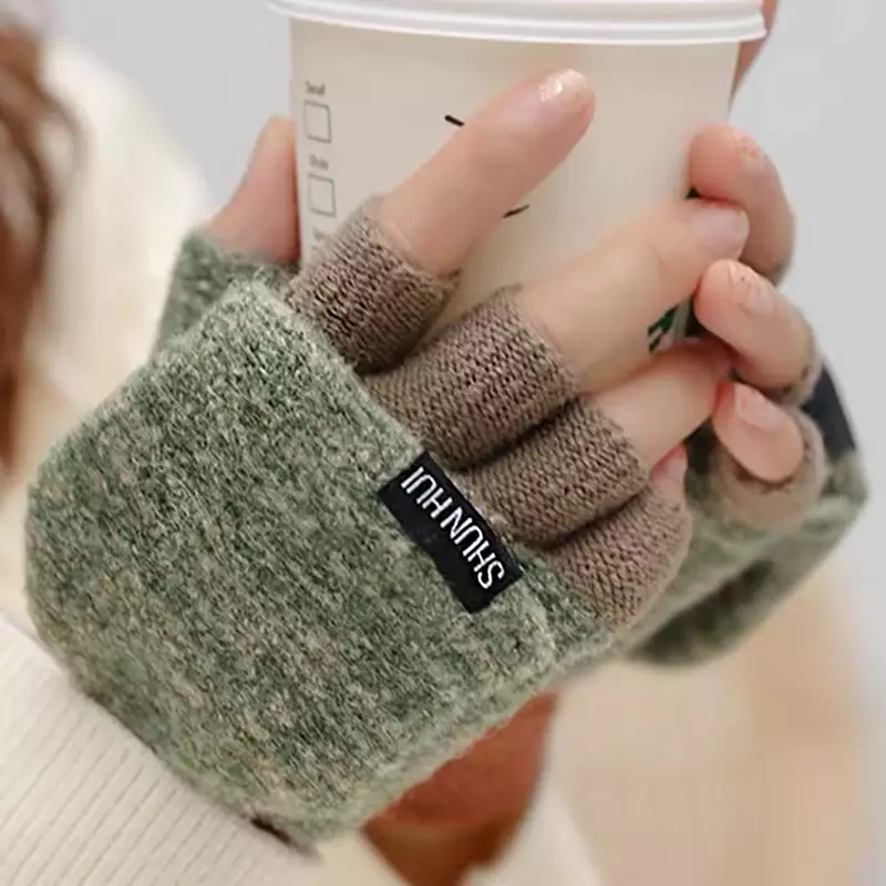 ผู้หญิงถัก Flip Fingerless ถุงมือสัมผัส Harf Finger Mittens ฤดูหนาว Warm หนาถุงมือถักหน้าจอสัมผัสถุงมือ