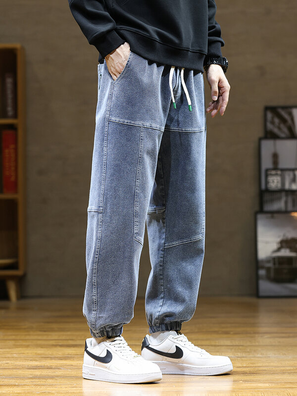 Pantalones vaqueros bombachos para hombre, Pantalón de algodón elástico con cordón, holgado, 8XL talla grande, novedad de otoño, 2023