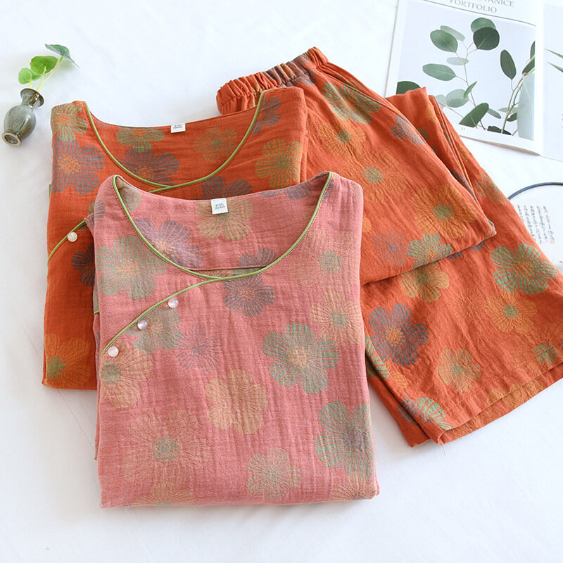 Frühling chinesische Art Baumwollgarn gefärbte Jacquard Gaze Perle Knopf Home Kleidung Langarm Hosen Pyjama für Frauen 2 Stück