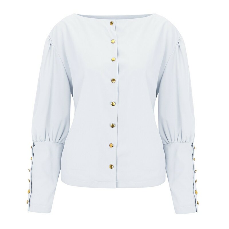 Женская модная Однотонная рубашка с круглым вырезом и длинными рукавами, украшенная металлической пряжкой, Женская свободная туника, топы