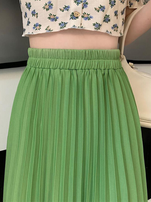 Summer Fashion Pleated Skirt Women Elastic High Waisted Mid Length A-line Long Gothic Mujer Dance
