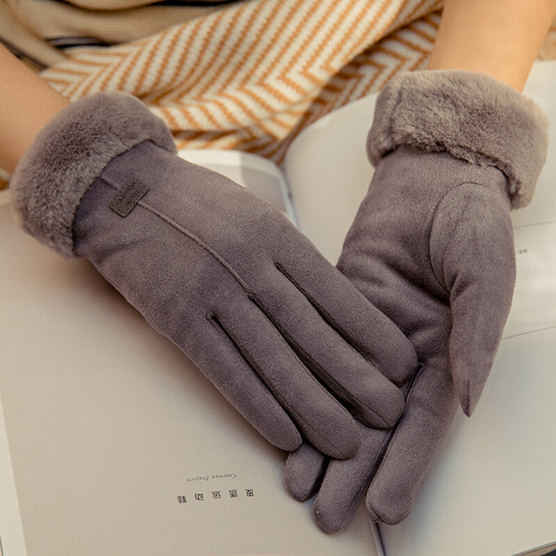 Зимние плотные плюшевые перчатки, женские кожаные перчатки, теплые однотонные элегантные варежки на весь палец с защитой от холода, модные аксессуары
