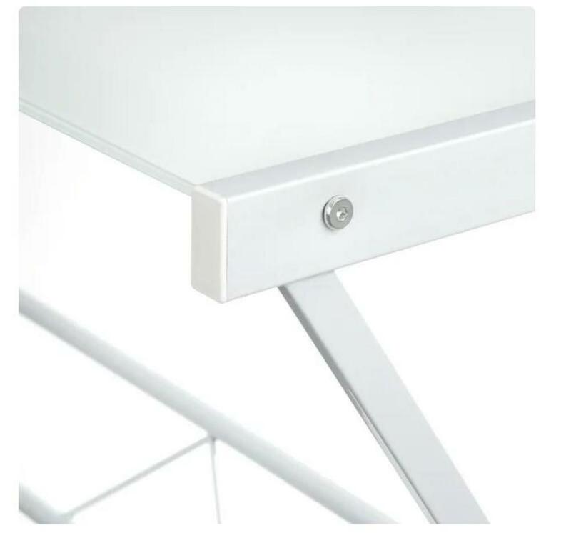Biurko komputerowe dla dorosłych w kształcie L z metalową ramą i nieprzezroczystym białym szklanym wieczkiem, wysokie na 29 cali, białe
