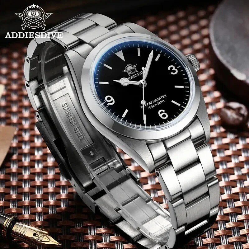 ADDIESDIVE 36mm AD2023 Quartz Watch Stainless Steel Black Dial Watches Sapphire Bubble Mirror 100m Dive Luminous Mens Wristwatch