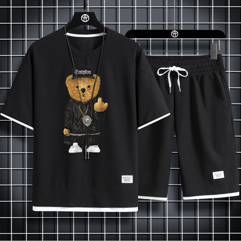 Summer New Fashion Doll Bear Print Waffle Fabric Short Sleeve + Shorts Suit Casual Men'S Sportswear Suit Hip-Hop Streetwear 3XL