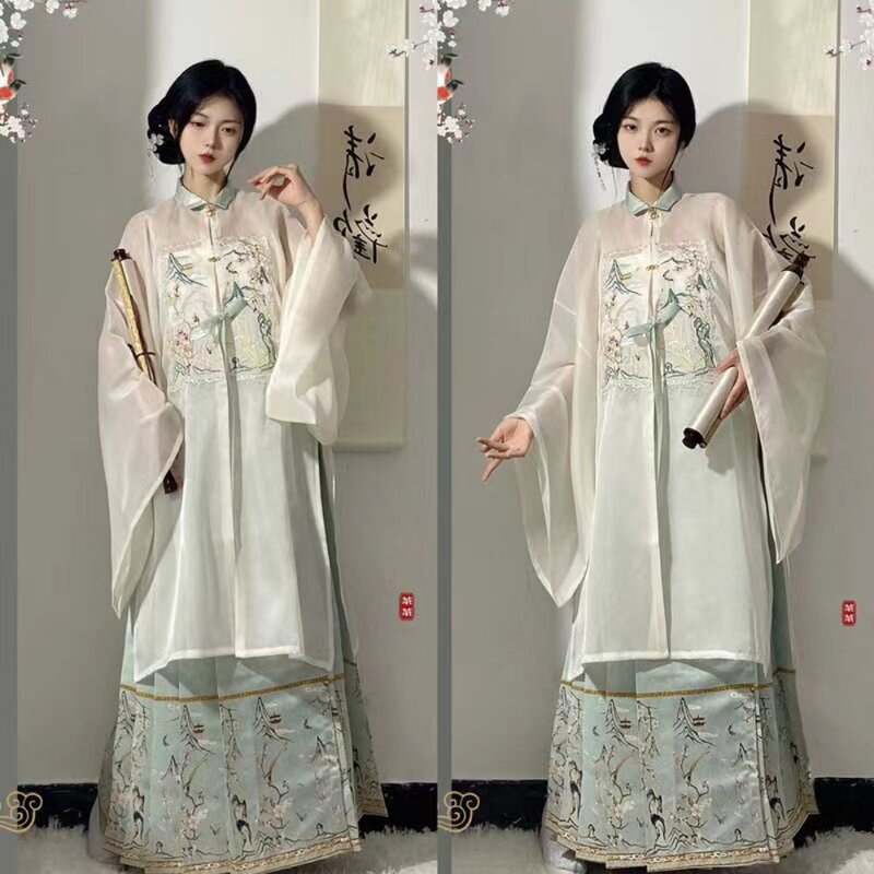 Oryginalny dynastia Ming Hanfu damski pełny zestaw haftowany długa bluzka + plisowana spódnica końska spódnica chińskie tradycyjne kostium