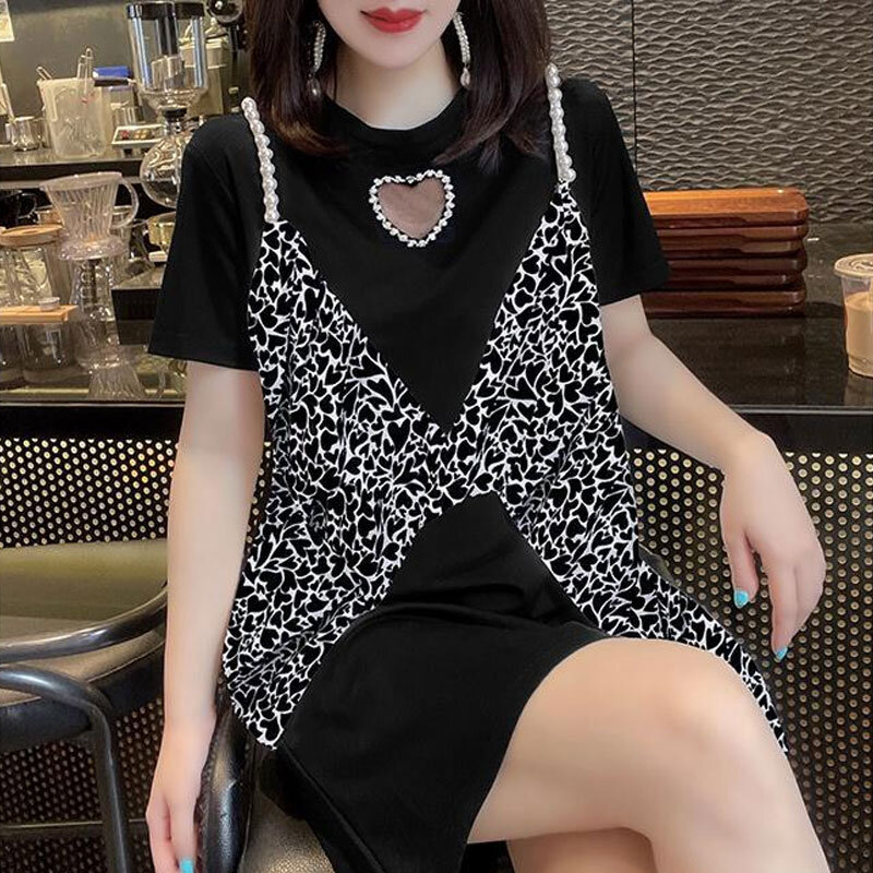 Fake Two Pieces Spliced Beading Dresses Female Clothing Casual O-Neck Summer Stylish Heart-shaped Hollow Out Basic Midi Dress