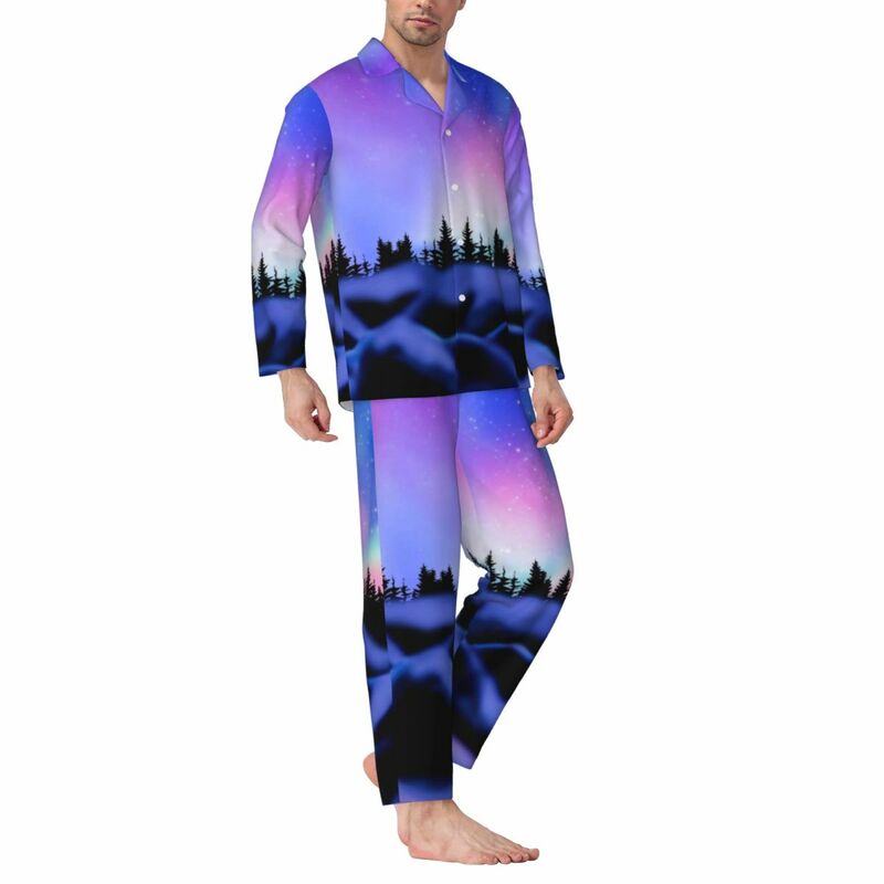 Northern Sky Print Sleepwear autunno Dreamy Lights Casual pigiama oversize Set uomo manica lunga Cute Night Custom Home Suit