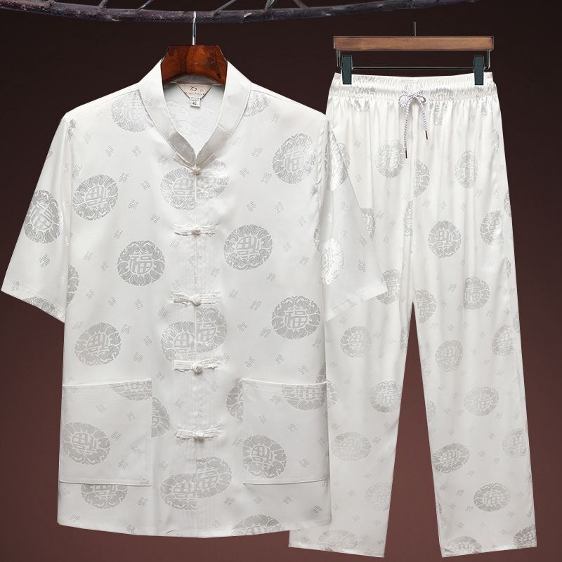 Verão chinês Ice Silk Médio e Idosos Tang Suit Men's Short Sleeve Two Piece Set Dad's Silk Shirt Avô Manhã Exercício