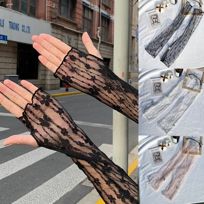 Summer Outdoor Fingerless Ultra Thin Lace Mesh Sunscreen Sleeves Arm Cover Arm Sleeves Driving Gloves