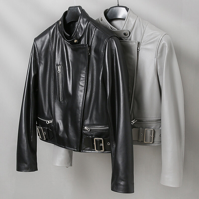 Женская Байкерская кожаная куртка, короткое пальто из натуральной овечьей кожи на молнии, однотонная модная ветрозащитная мотоциклетная верхняя одежда, 2022, 3566