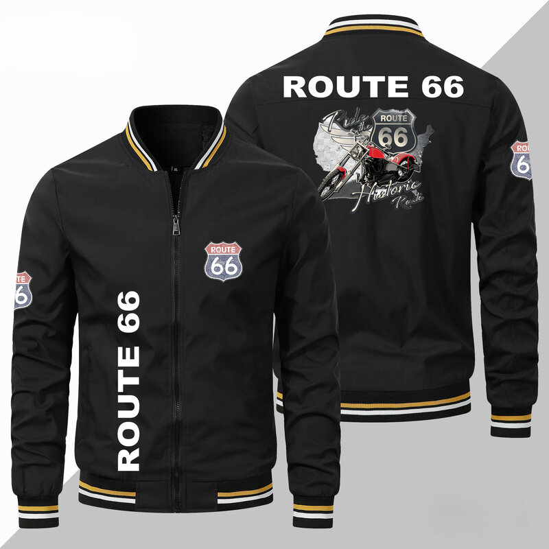 ROUTE 66 오토바이 로고 재킷, 얇은 스포츠 야구 유니폼, 유럽 사이즈 지퍼 재킷, 남성 의류, 용수철 및 가을