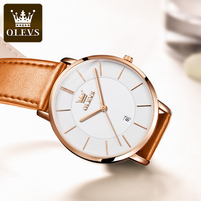 OLEVS Relógio de quartzo ultra fino masculino, pulseira de couro amarelo, calendário impermeável, relógios esportivos, moda