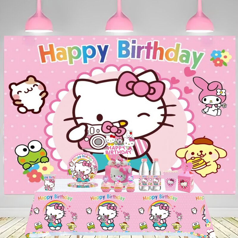 Hello Kitty taplak meja sekali pakai, perlengkapan pesta ulang tahun balon piring cangkir kucing kartun sekali pakai