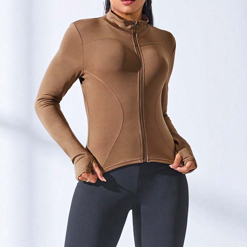 Jaket olahraga Yoga wanita, jaket ritsleting lengan panjang, mantel olahraga Lari
