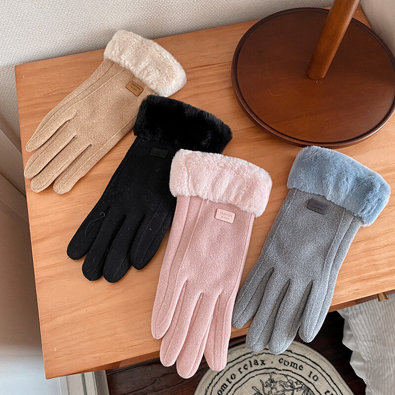 Зимние плотные плюшевые перчатки, женские кожаные перчатки, теплые однотонные элегантные варежки на весь палец с защитой от холода, модные аксессуары