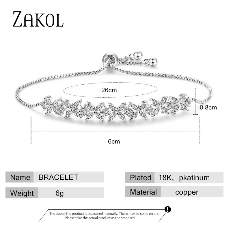ZAKOL-pulsera ajustable con piedras de circonia cúbica blanca para mujer, brazalete con dijes de flores, joyería de boda de moda, FSBP2136