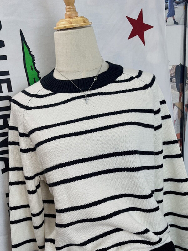 Suéter de punto a rayas para mujer, Jersey de algodón de manga larga con cuello redondo, estilo Preppy Vintage informal, Top dulce, otoño