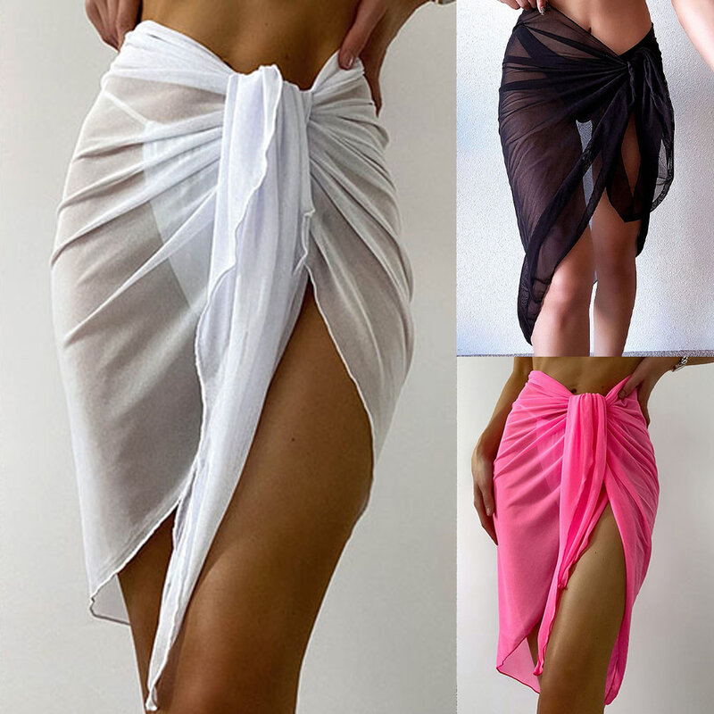 Sarong sexy en maille transparente pour femmes, maillot de bain rond en mousseline de soie, couvertures de plage, bikini, maillots de bain, solide, fendu, robes de plage