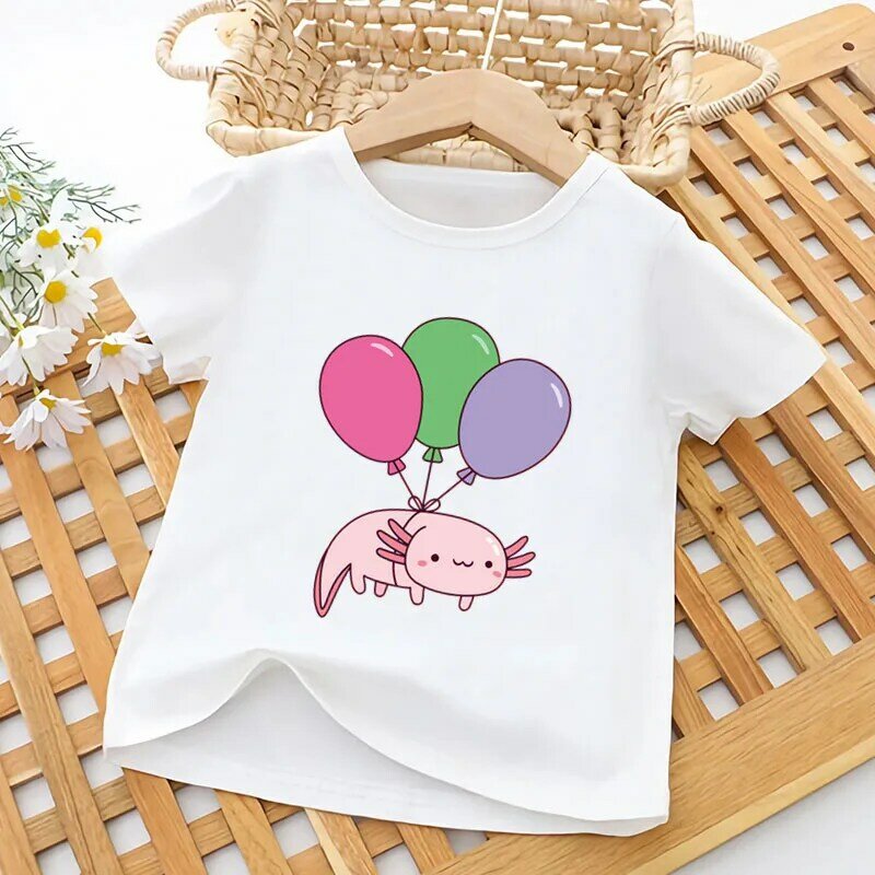 Cute Relax Axolotl Print T-shirt engraçada para crianças, tops de verão, roupas infantis, desenhos animados kawaii t-shirt de manga curta para crianças