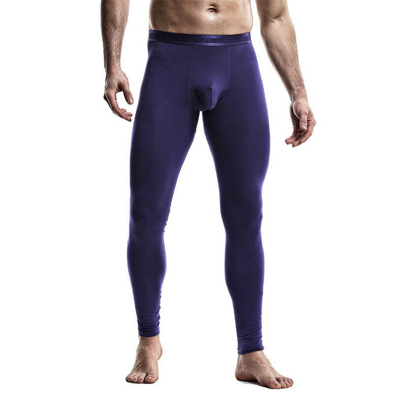 Men Sexy Gunmetal Separate Thermal Elastic Pants Crotch Bulge Pouch Warm Leggings High Stretch Long John Pants Bottoms Underwear