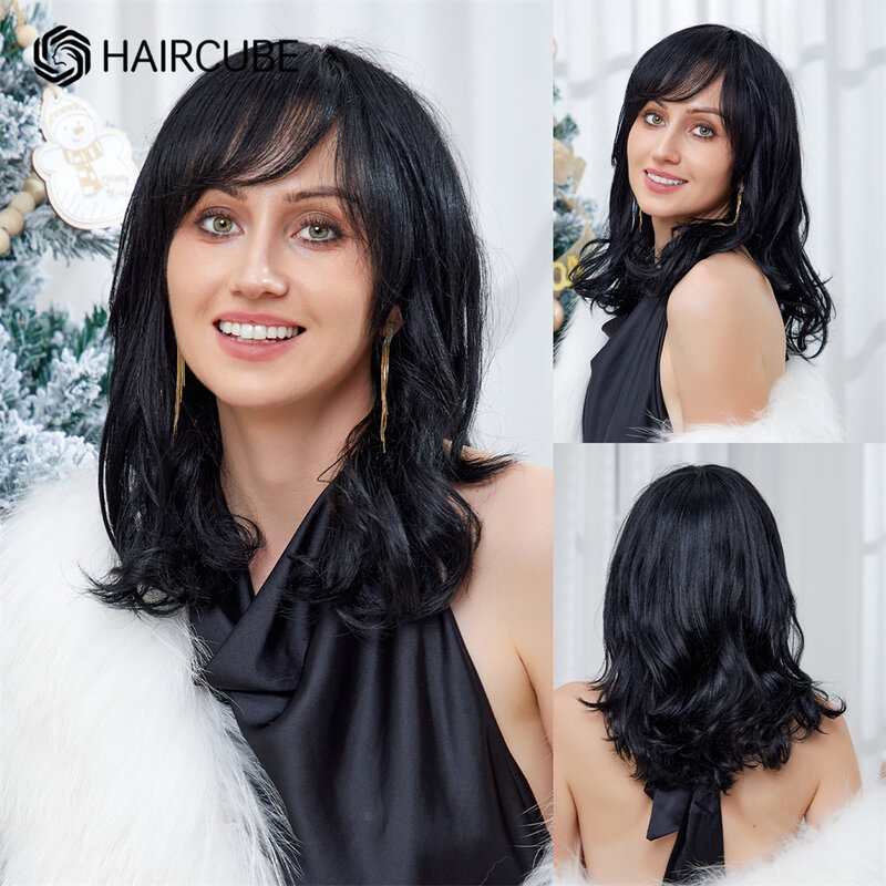 HAIRCUBE mistura perucas de cabelo humano para mulheres, comprimento do ombro, ondulado natural, preto com estrondo, resistente ao calor