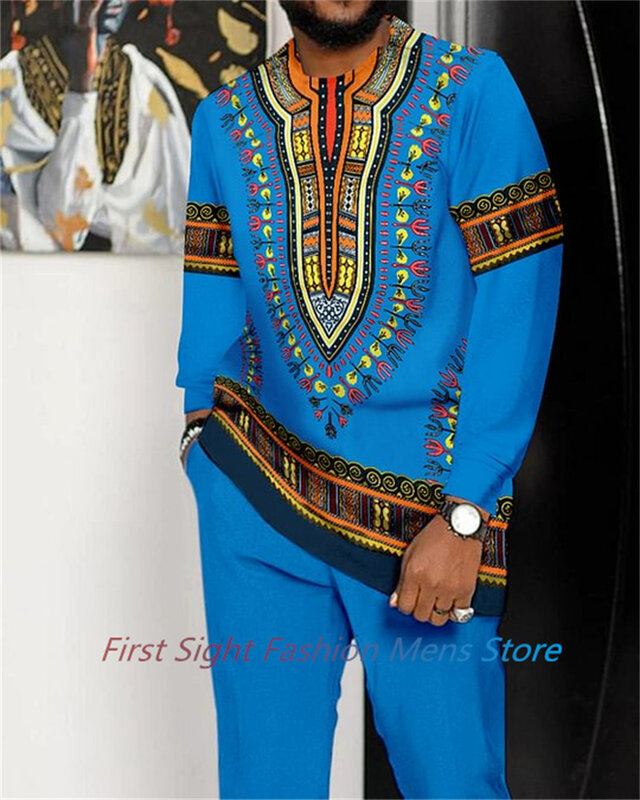 Conjunto de roupas africanas masculinas, agasalho, camiseta de manga comprida, calças, roupas, streetwear, traje casual, tamanho grande, 2 peças