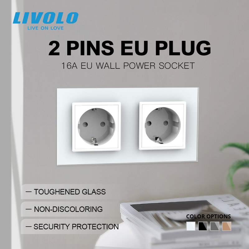 Livolo – Toma de corriente doble de 16A con panel. C7C2EU-11/12/13/15, Enchufe estándar europeo con panel de cristal, en 4 colores