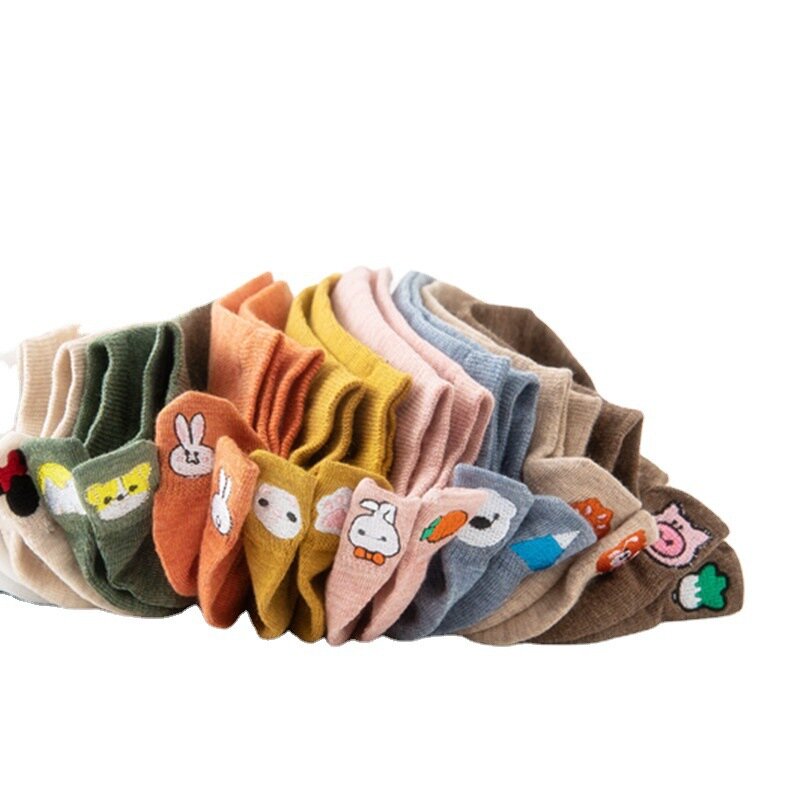 Calcetines de algodón con dibujos animados para mujer, medias de primavera y verano, Harajuku japonés, Kawaii, Smiley, barco, tacón bordado, conejo, zanahoria