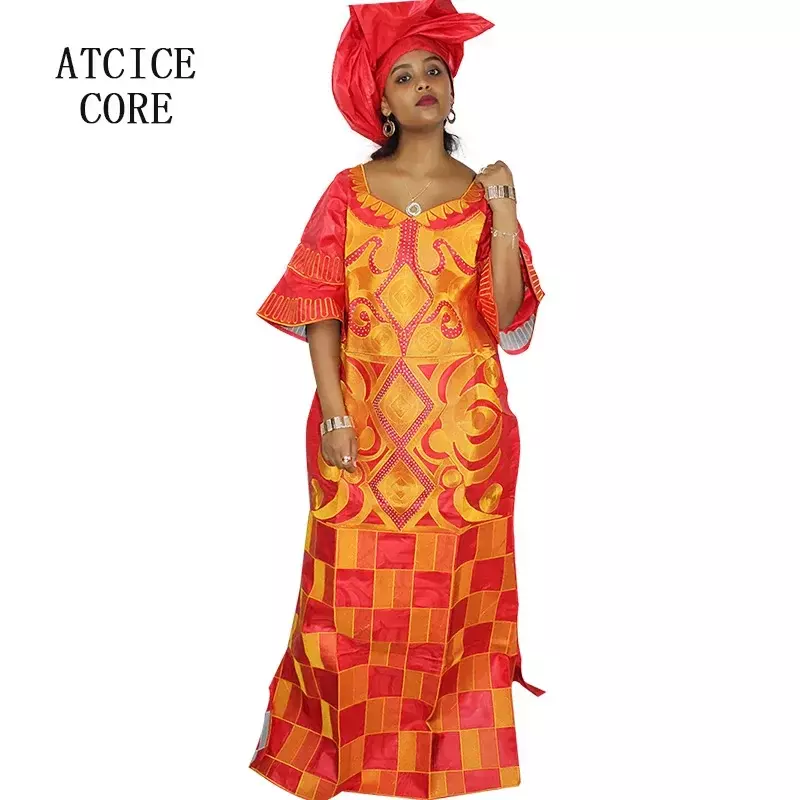 فساتين الأفريقية للمرأة بازان الثراء الكمبيوتر التطريز حجم كبير فستان طويل مع وشاح