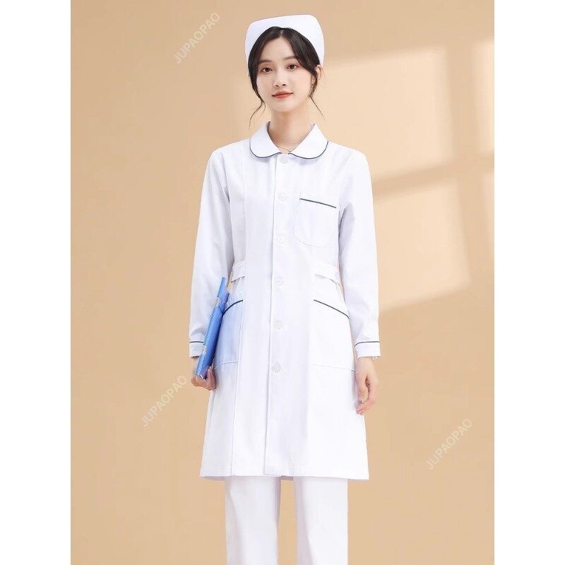 Pakaian kerja dokter Suster panjang satu baris, pakaian seragam Lab putih sederhana dengan saku untuk pria dan wanita