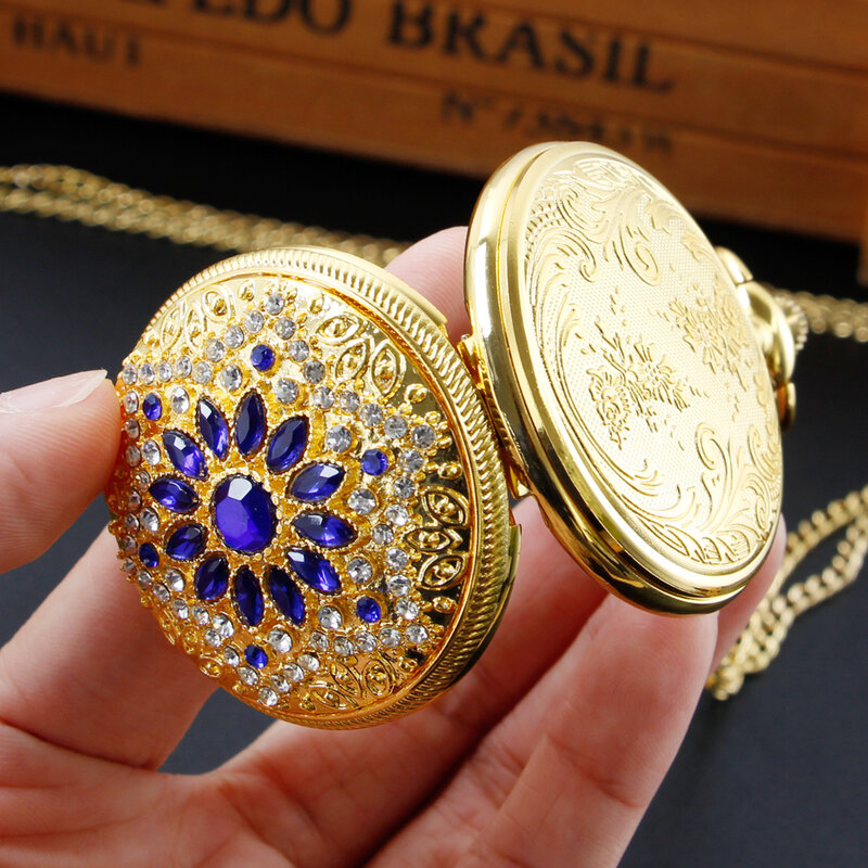 Luksusowe markowe damskie zegarki kieszonkowe z pełnym diamentem łańcuch w stylu Vintage złote damskie kieszenie kwarcowe zegarki złote