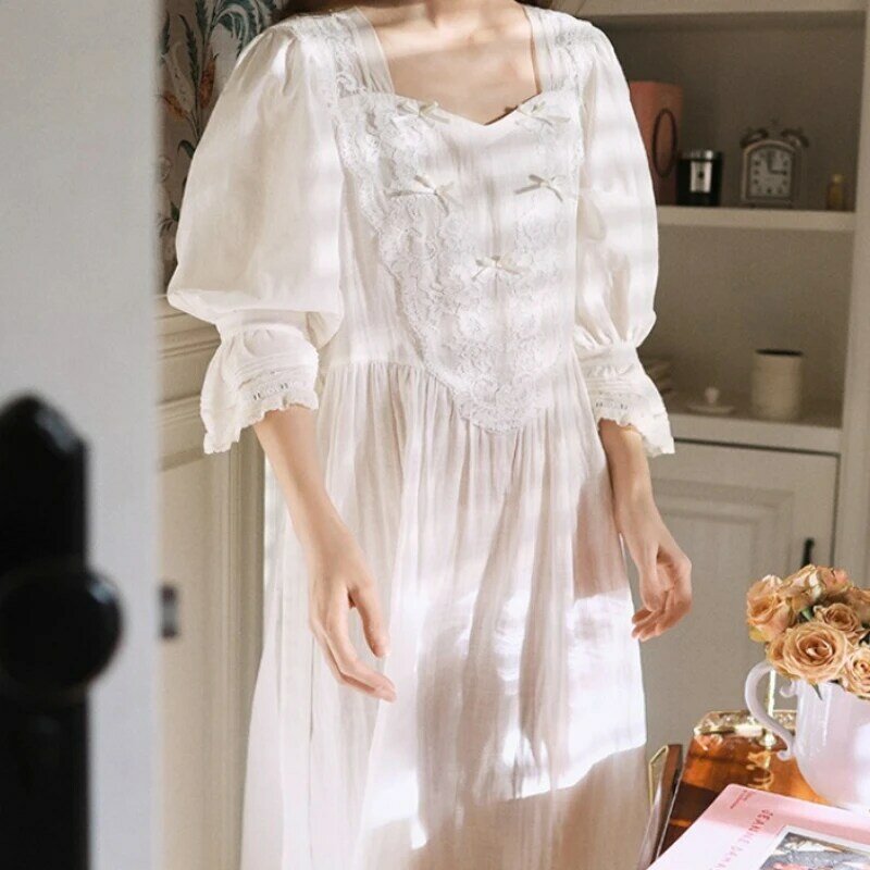 Camisola vintage para mulheres 100% algodão, vestido de noite longo branco, pijamas doces franceses, pijamas de fada, camisola princesa com renda