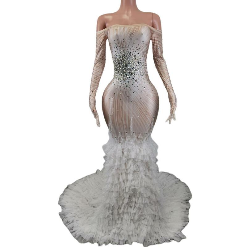 Abiti da sposa a sirena africana di lusso Plus Size nuove maniche lunghe abito da sposa in Tulle con perline abiti da ballo lunghi da donna Baofengxue