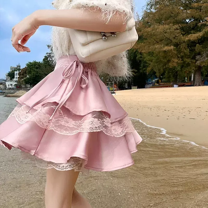 Minifalda Sexy de empalme de encaje para mujer, Falda plisada informal de moda coreana, faldas esponjosas negras de Lolita para mujer