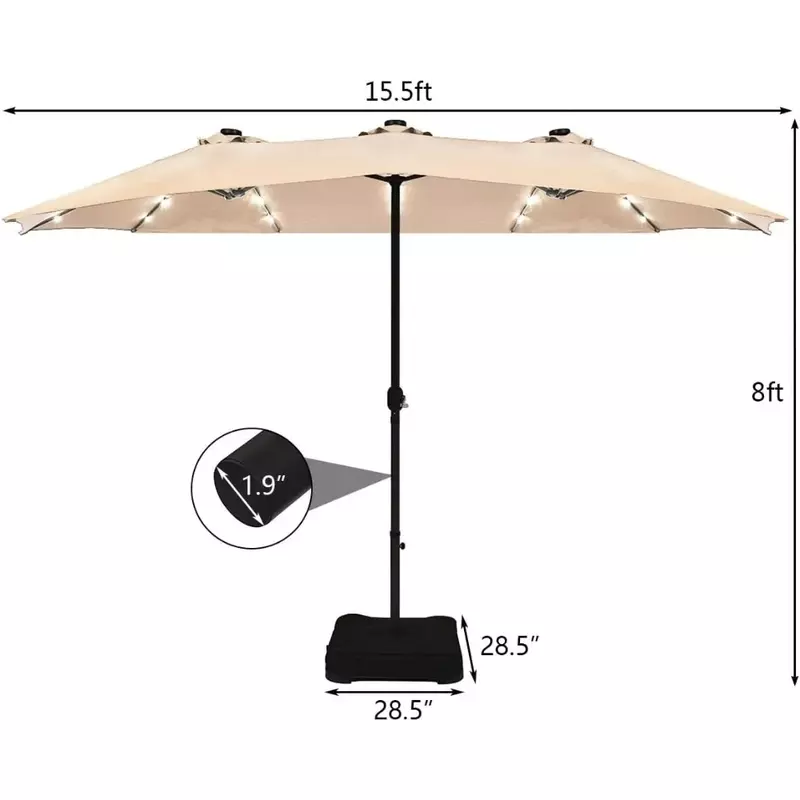 5 Ft Solar LED Patio Double-Sided Umbrella with Base, Outdoor Twin Umbrella, Extra Large Umbrella w/ 36 Solar Powered LED Lights