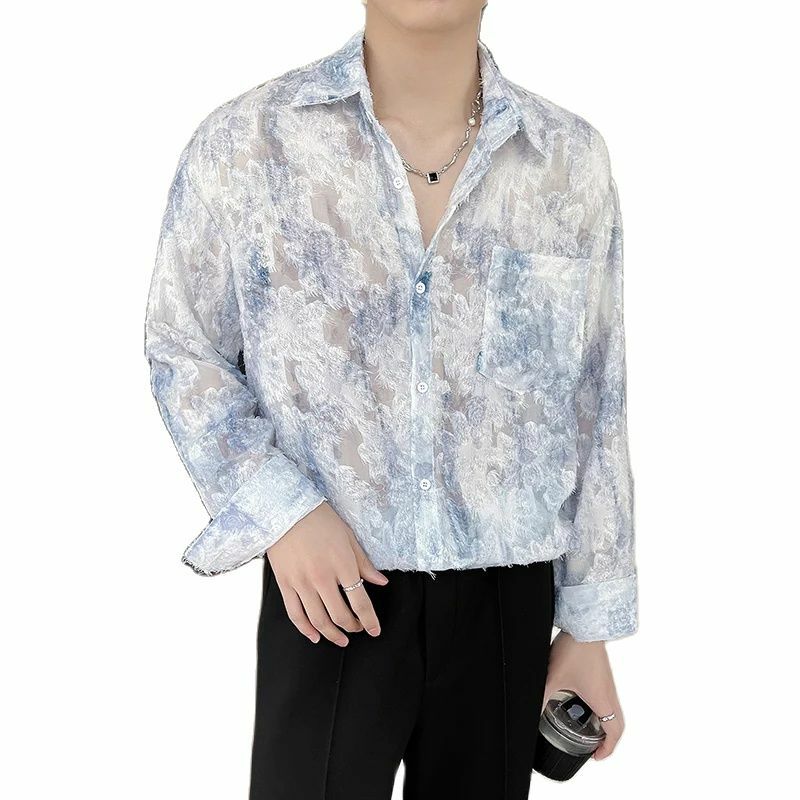 Camisa de peito único solta estilo de Hong Kong masculina, camisa de gola quadrada, moda casual, blusa não convencional
