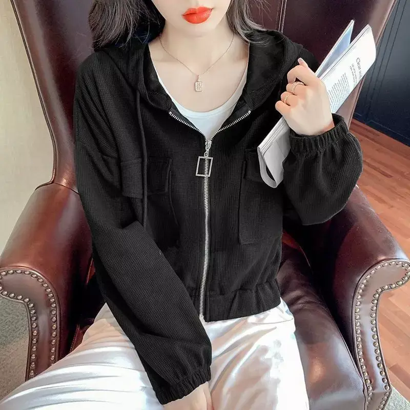 Hoodie feminino casual moda jaqueta coreano zíper solto hoodie feminino outono novo estilo preguiçoso tudo com casaco curto