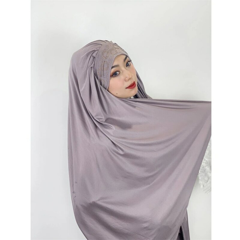 Malaysia Muslim jilbab instan Jersey ikat belakang berlian imitasi bungkus kepala wanita kerudung selendang Ramadan Islam siap untuk memakai jilbab bungkus